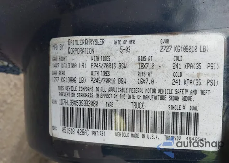 2003 Dodge Dakota Sport/Sxt from USA, damaged, VIN 1D7HL38X53S333080